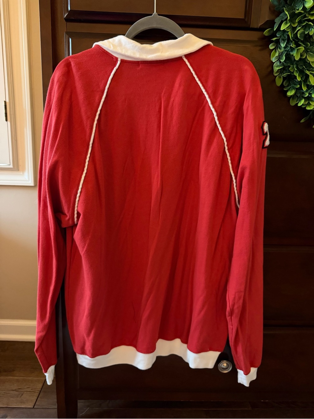 Red Long-Sleeve V-Neck Polo Top with White Trim - Picture 5 of 5